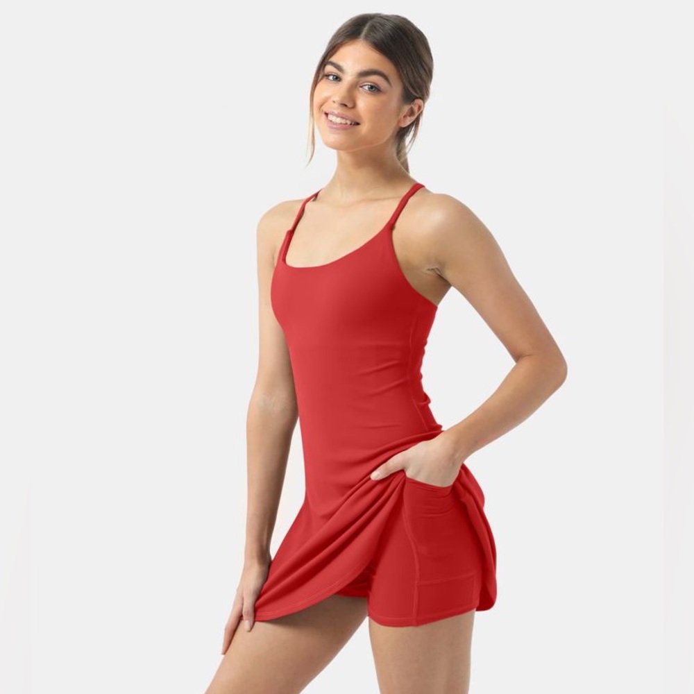 Halara Cloudful Red Cross Back 2-in-1 Flare Active Dress,Pockets